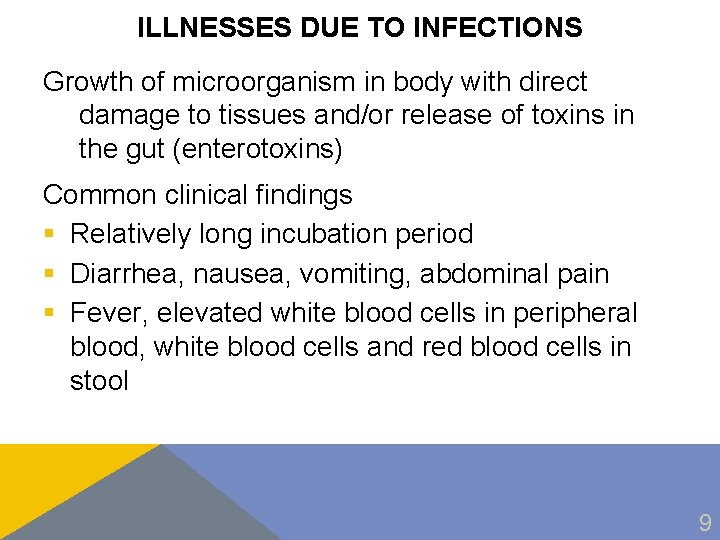 ILLNESSES DUE TO INFECTIONS Growth of microorganism in body with direct damage to tissues