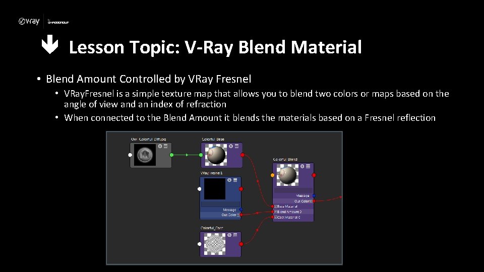  Lesson Topic: V-Ray Blend Material • Blend Amount Controlled by VRay Fresnel •