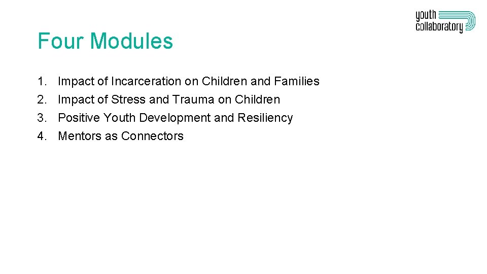 Four Modules 1. 2. 3. 4. Impact of Incarceration on Children and Families Impact