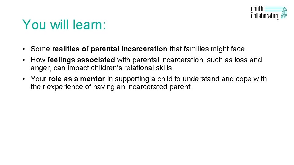 You will learn: • Some realities of parental incarceration that families might face. •