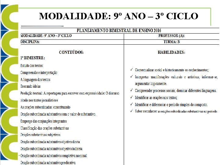 MODALIDADE: 9º ANO – 3º CICLO 