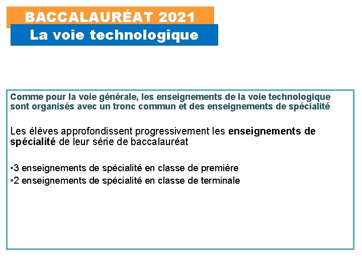 BACCALAURÉAT 2021 La voie technologique Comme pour la voie générale, les enseignements de la