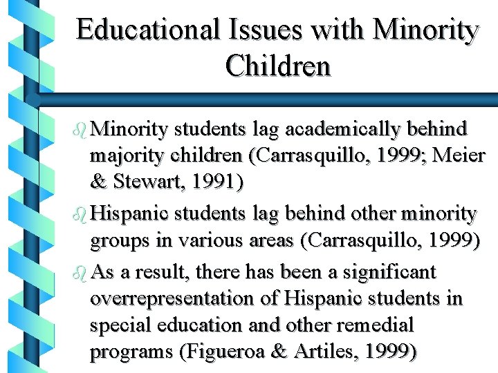 Educational Issues with Minority Children b Minority students lag academically behind majority children (Carrasquillo,