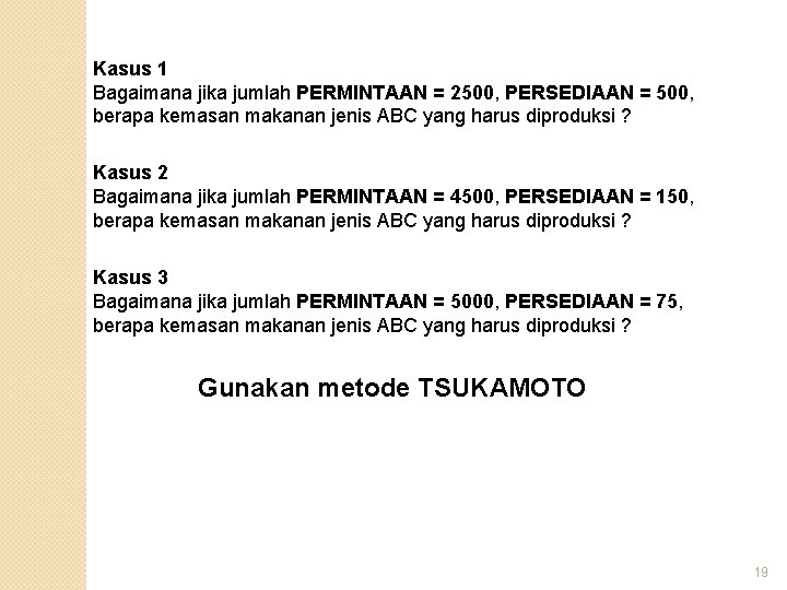 Kasus 1 Bagaimana jika jumlah PERMINTAAN = 2500, PERSEDIAAN = 500, berapa kemasan makanan