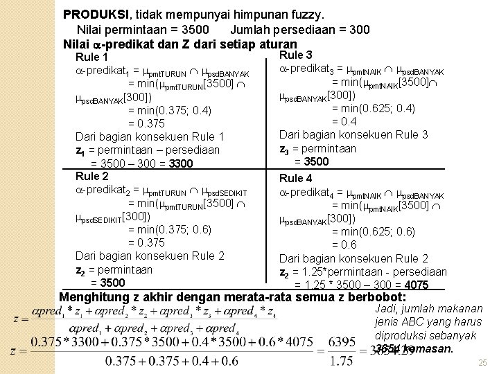 PRODUKSI, tidak mempunyai himpunan fuzzy. Nilai permintaan = 3500 Jumlah persediaan = 300 Nilai