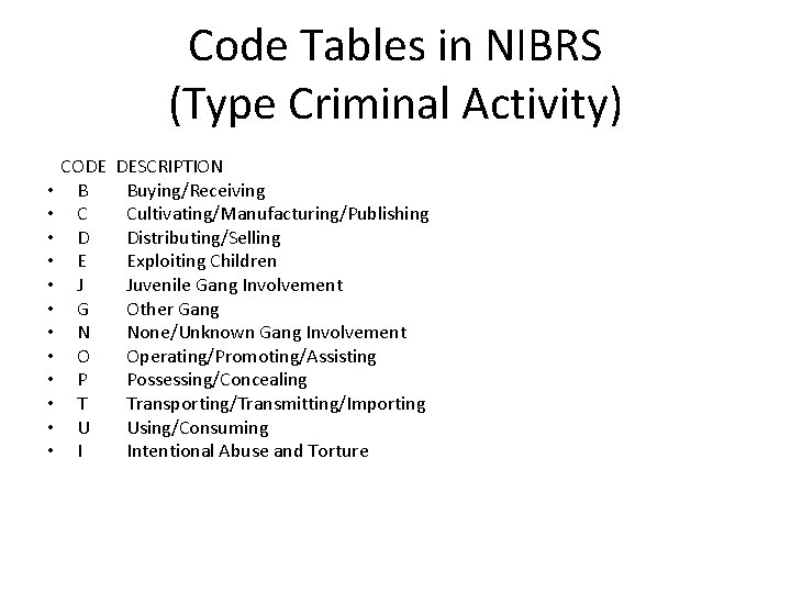 Code Tables in NIBRS (Type Criminal Activity) CODE DESCRIPTION • B Buying/Receiving • C