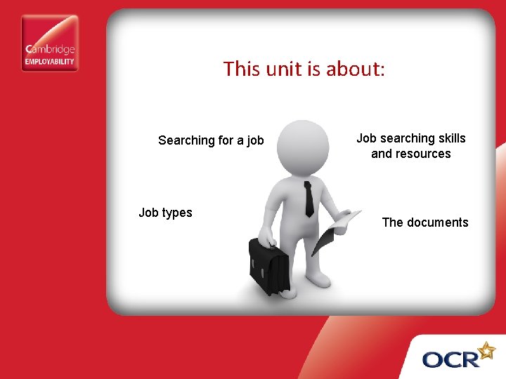 This unit is about: Searching for a job Job types Job searching skills and