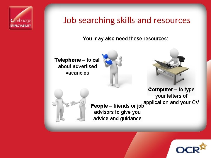 Job searching skills and resources You may also need these resources: Telephone – to