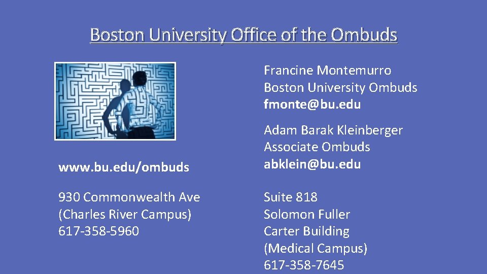 Boston University Office of the Ombuds Francine Montemurro Boston University Ombuds fmonte@bu. edu www. Boston University Office of the Ombuds Francine Montemurro Boston University Ombuds fmonte@bu. edu www.