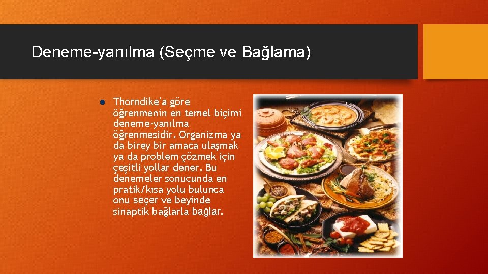 Deneme-yanılma (Seçme ve Bağlama) l Thorndike’a göre öğrenmenin en temel biçimi deneme-yanılma öğrenmesidir. Organizma