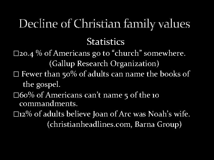  Decline of Christian family values Statistics � 20. 4 % of Americans go