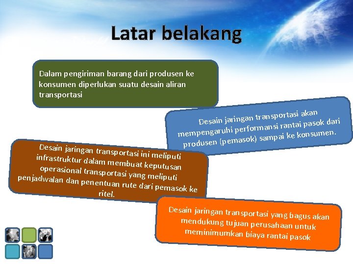 Latar belakang Dalam pengiriman barang dari produsen ke konsumen diperlukan suatu desain aliran transportasi Latar belakang Dalam pengiriman barang dari produsen ke konsumen diperlukan suatu desain aliran transportasi