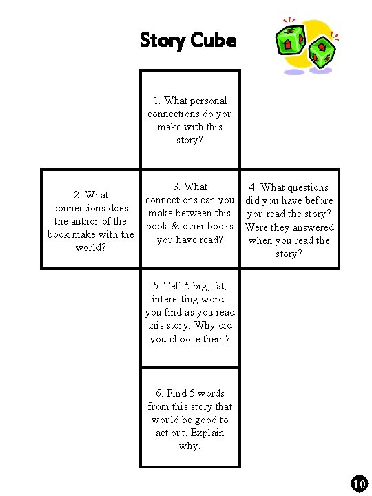 Story Cube 1. What personal connections do you make with this story? 3. What