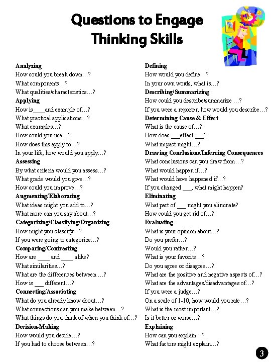 Questions to Engage Thinking Skills Analyzing How could you break down…? What components…? What