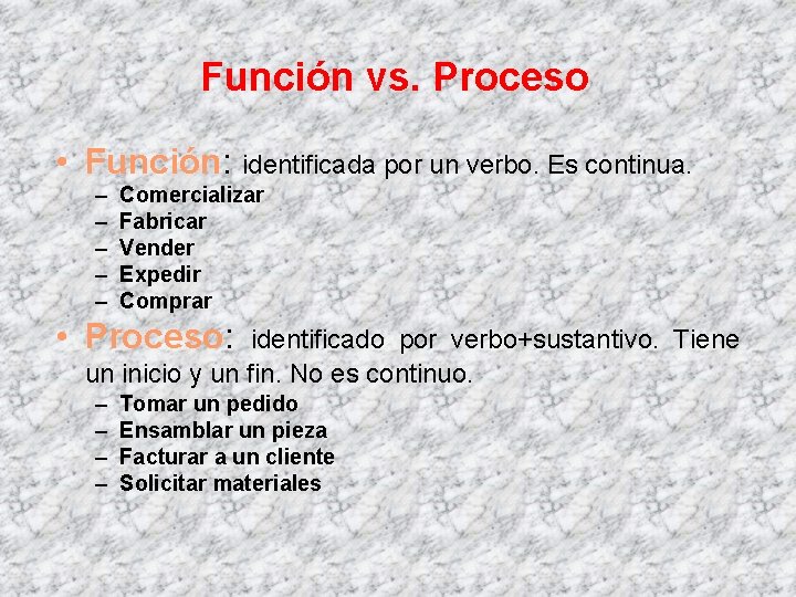 Función vs. Proceso • Función: identificada por un verbo. Es continua. – – –