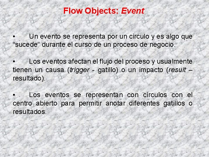 Flow Objects: Event • Un evento se representa por un circulo y es algo