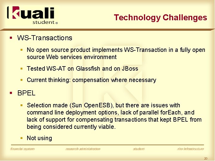 Technology Challenges § WS-Transactions § No open source product implements WS-Transaction in a fully