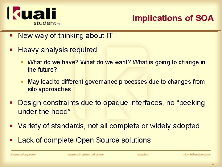 Implications of SOA § New way of thinking about IT § Heavy analysis required