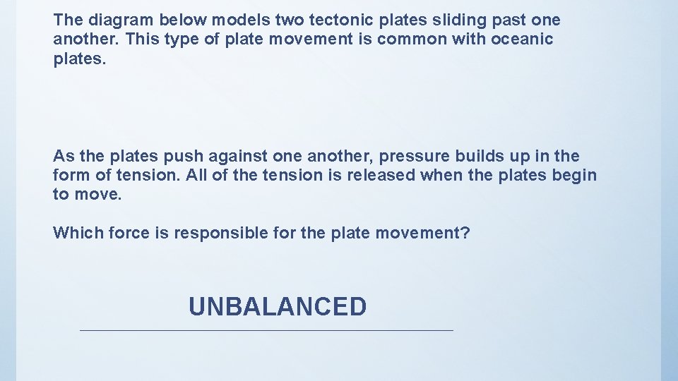 The diagram below models two tectonic plates sliding past one another. This type of