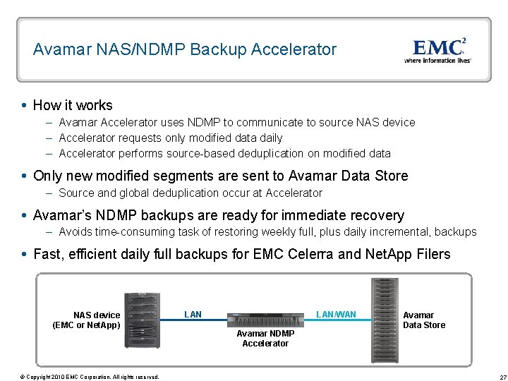 Avamar NAS/NDMP Backup Accelerator How it works – Avamar Accelerator uses NDMP to communicate