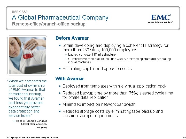 USE CASE A Global Pharmaceutical Company Remote-office/branch-office backup Before Avamar Strain developing and deploying USE CASE A Global Pharmaceutical Company Remote-office/branch-office backup Before Avamar Strain developing and deploying