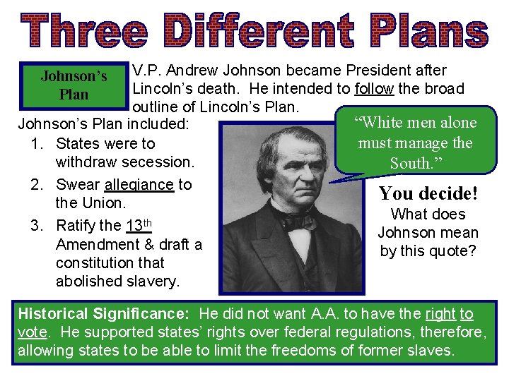 V. P. Andrew Johnson became President after Lincoln’s death. He intended to follow the