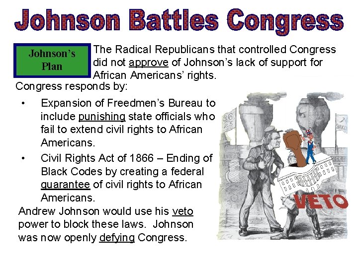 The Radical Republicans that controlled Congress did not approve of Johnson’s lack of support