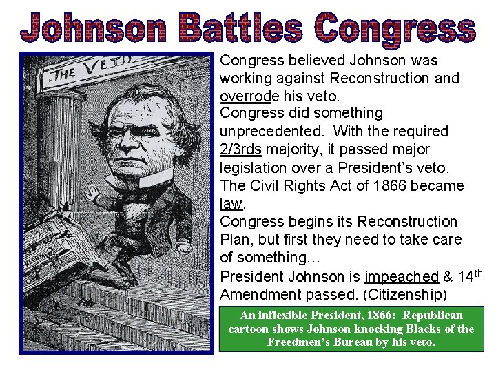 Congress believed Johnson was working against Reconstruction and overrode his veto. Congress did something