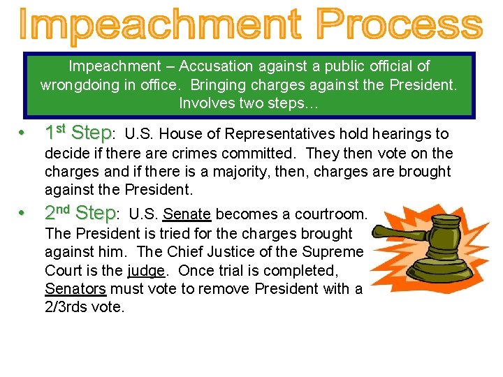 Impeachment – Accusation against a public official of wrongdoing in office. Bringing charges against