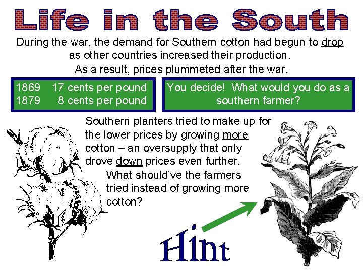 During the war, the demand for Southern cotton had begun to drop as other