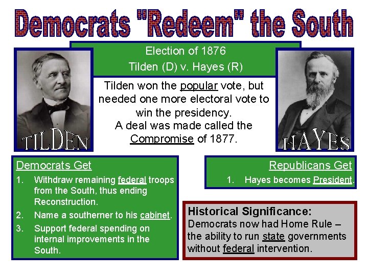 Election of 1876 Tilden (D) v. Hayes (R) Tilden won the popular vote, but