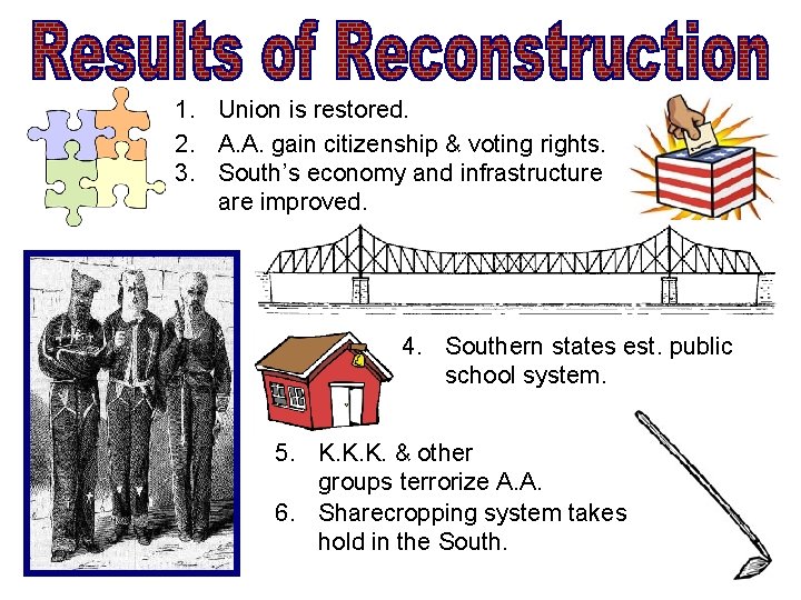1. Union is restored. 2. A. A. gain citizenship & voting rights. 3. South’s