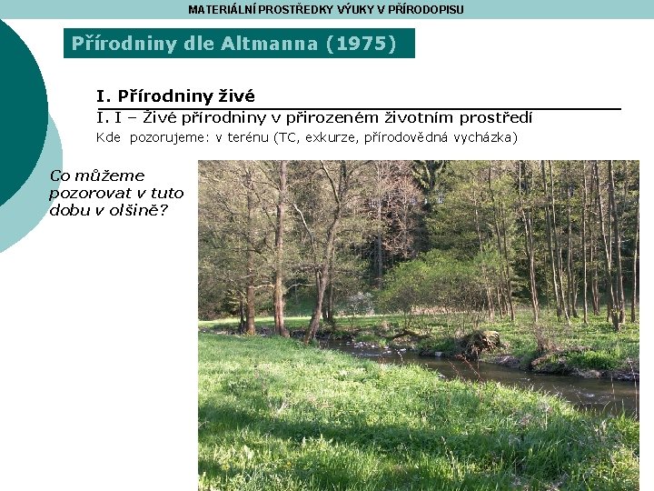 MATERIÁLNÍ PROSTŘEDKY VÝUKY V PŘÍRODOPISU Přírodniny dle Altmanna (1975) I. Přírodniny živé I. I