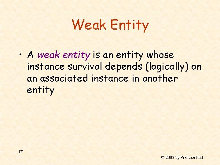 Weak Entity • A weak entity is an entity whose instance survival depends (logically)