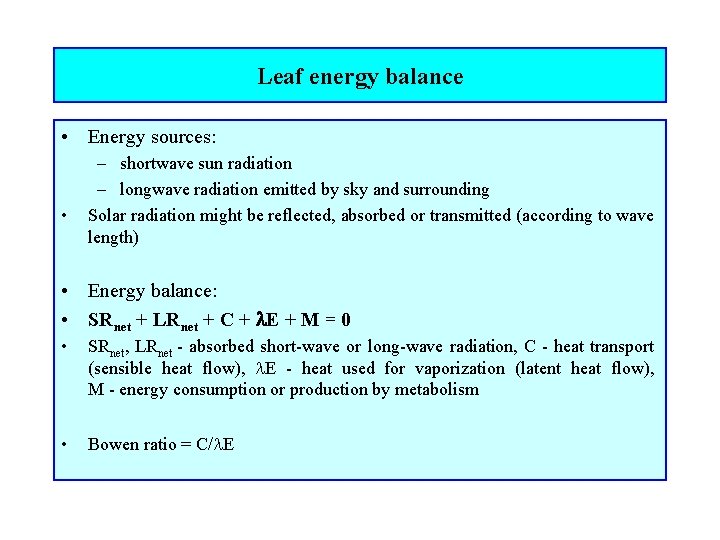 Leaf energy balance • Energy sources: • – shortwave sun radiation – longwave radiation