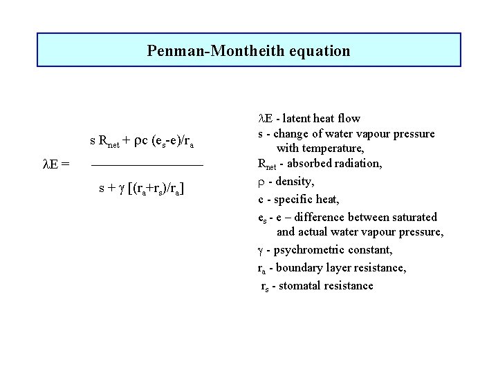 Penman-Montheith equation s Rnet + c (es-e)/ra E = s + (ra+rs)/ra E -