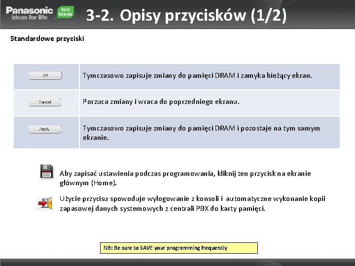 3 -2. Opisy przycisków (1/2) Standardowe przyciski Tymczasowo zapisuje zmiany do pamięci DRAM i