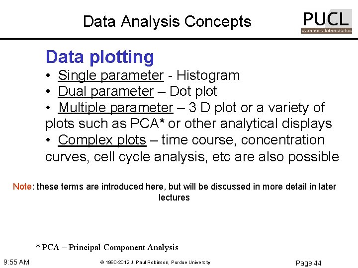Data Analysis Concepts Data plotting • Single parameter - Histogram • Dual parameter –