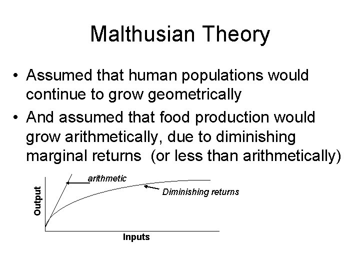 Malthusian Theory • Assumed that human populations would continue to grow geometrically • And