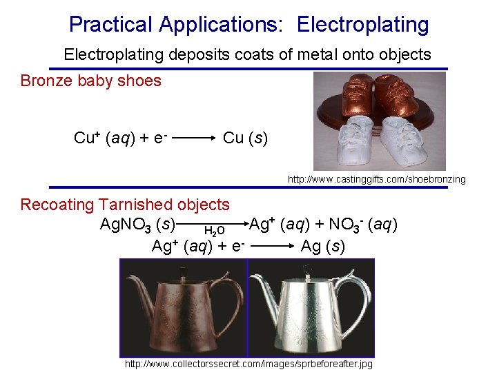 Practical Applications: Electroplating deposits coats of metal onto objects Bronze baby shoes Cu+ (aq)