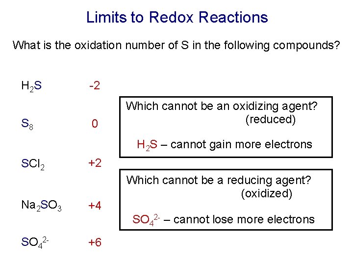 Limits to Redox Reactions What is the oxidation number of S in the following