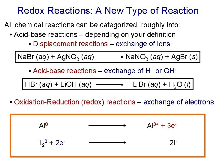 Redox Reactions: A New Type of Reaction All chemical reactions can be categorized, roughly