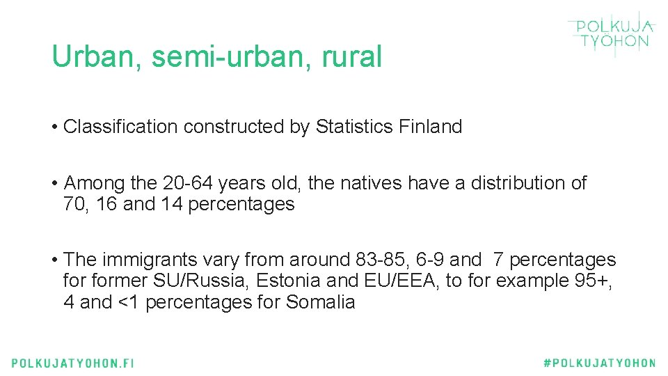 Urban, semi-urban, rural • Classification constructed by Statistics Finland • Among the 20 -64