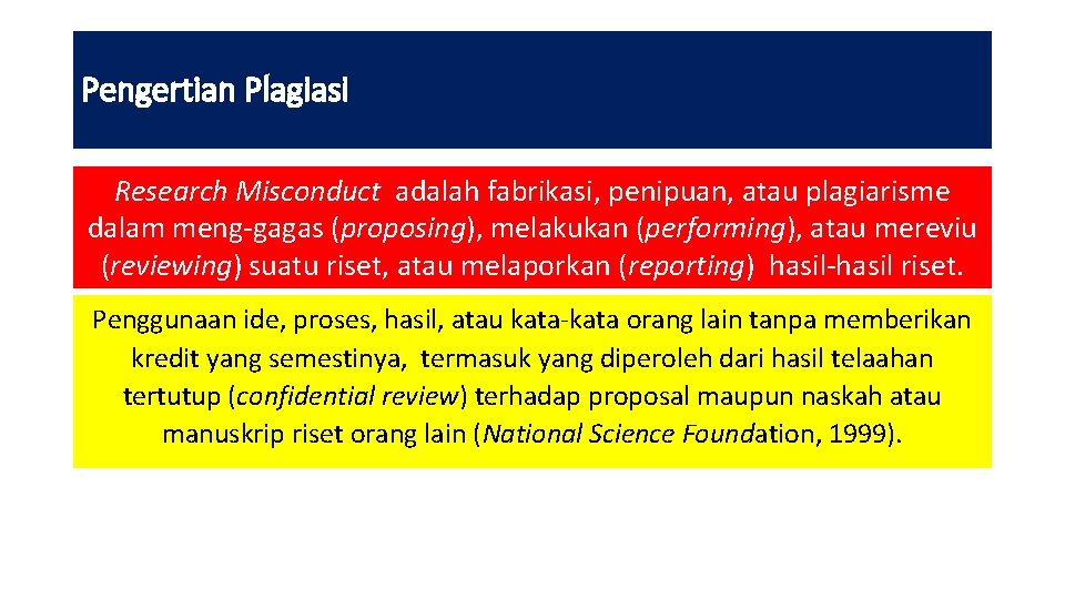 Pengertian Plagiasi Research Misconduct adalah fabrikasi, penipuan, atau plagiarisme dalam meng-gagas (proposing), melakukan (performing),