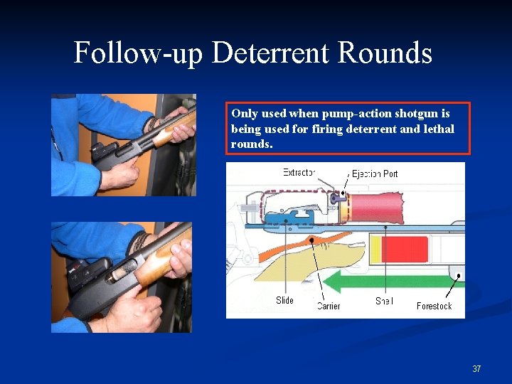 Follow-up Deterrent Rounds Only used when pump-action shotgun is being used for firing deterrent