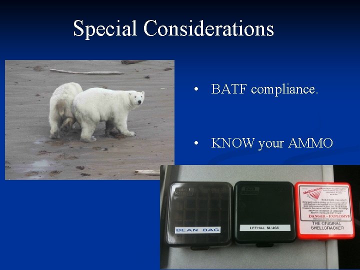 Special Considerations • BATF compliance. • KNOW your AMMO 44 