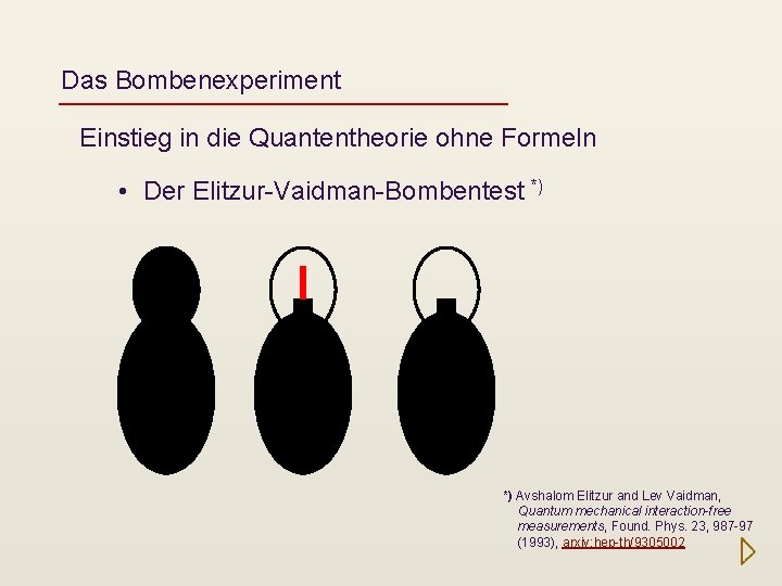 Das Bombenexperiment Einstieg in die Quantentheorie ohne Formeln • Der Elitzur-Vaidman-Bombentest *) *) Avshalom