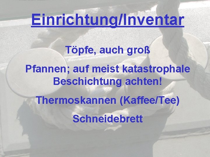 Einrichtung/Inventar Töpfe, auch groß Pfannen; auf meist katastrophale Beschichtung achten! Thermoskannen (Kaffee/Tee) Schneidebrett 