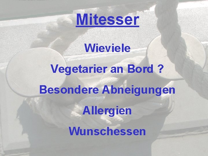 Mitesser Wieviele Vegetarier an Bord ? Besondere Abneigungen Allergien Wunschessen 