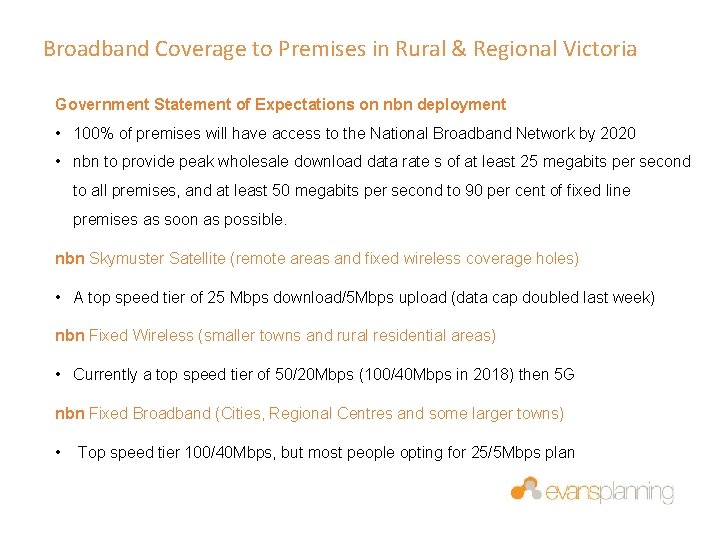 Broadband Coverage to Premises in Rural & Regional Victoria Government Statement of Expectations on
